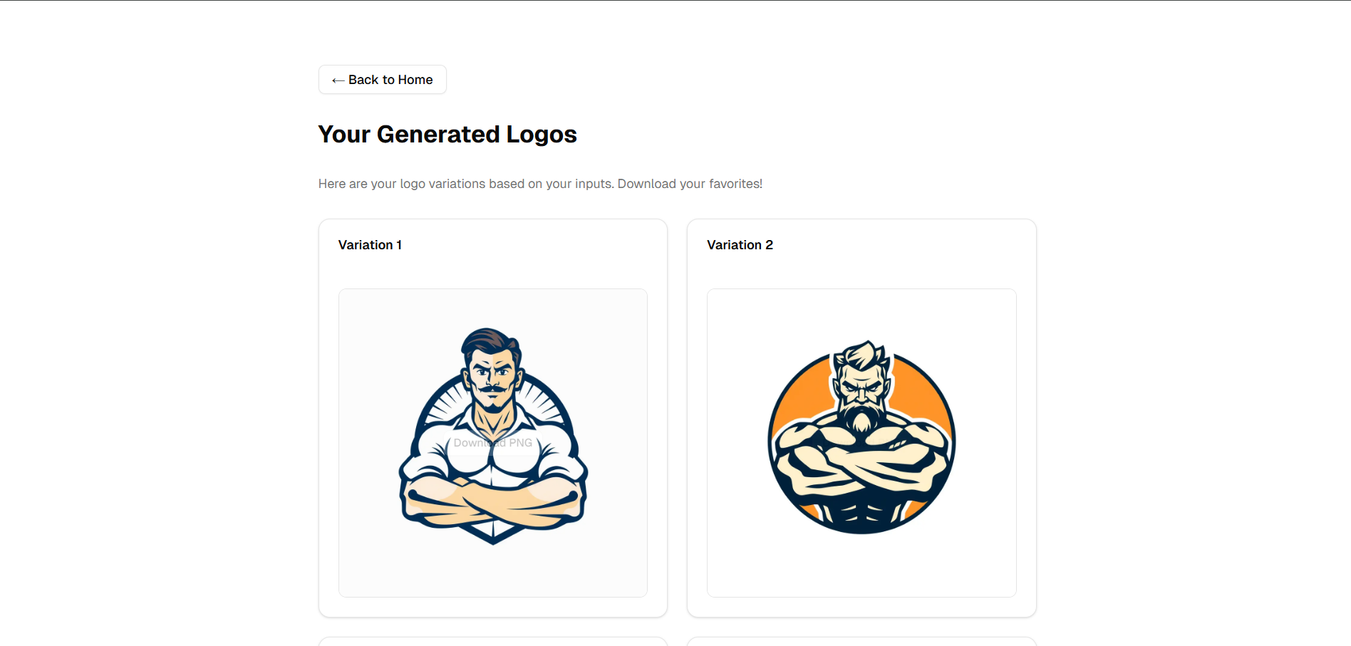Logo generation interface showing various AI-generated logo examples including GreenLeaf Organics, LuxeStyle, chef mascot, and Mountain Peak Adventures logos